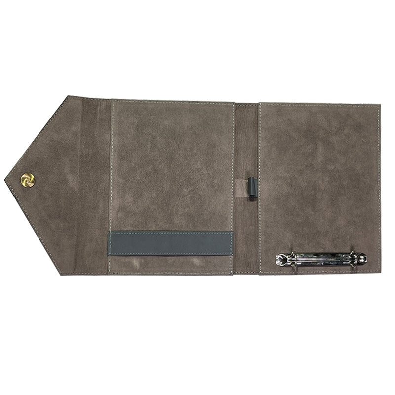 Gray leather wallet with a tool on a white background