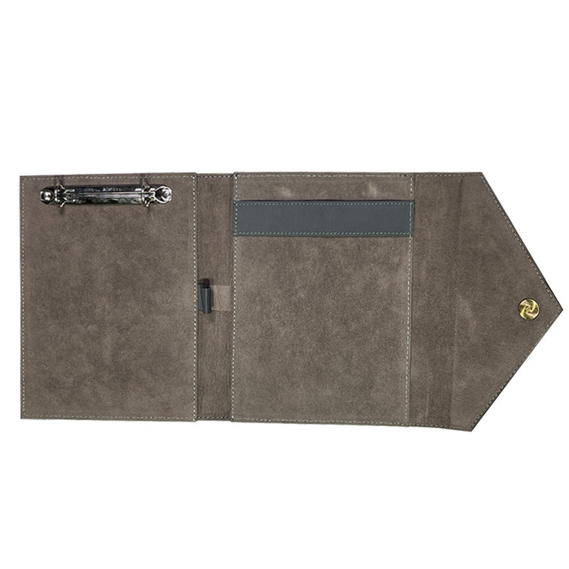 Gray leather wallet with a tool on a white background