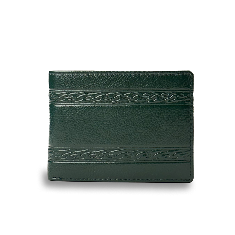 Green leather wallet with embossed design on a white background
