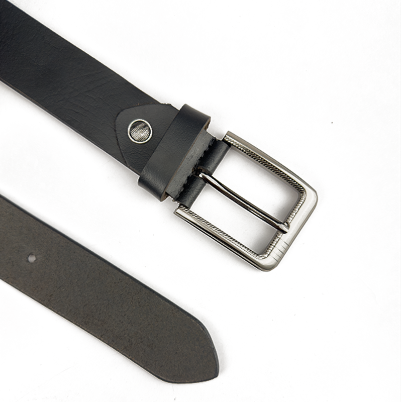 Black leather belt with silver buckle on a white background