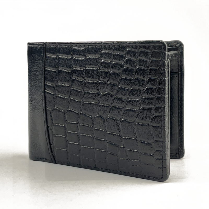 Black crocodile patterned wallet on a white background