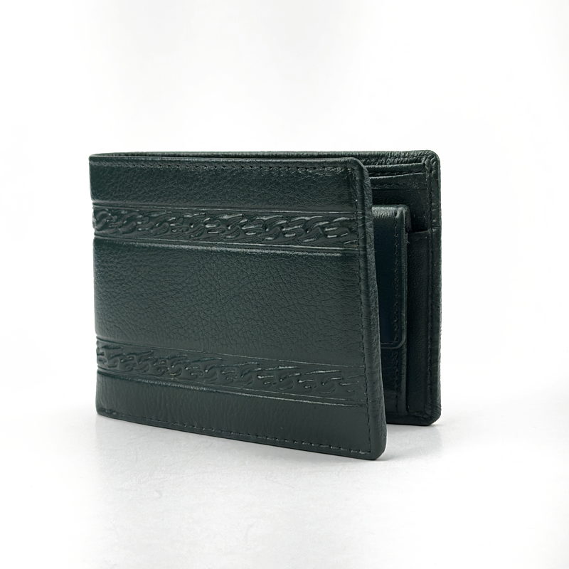 Black leather wallet with braided design on a white background