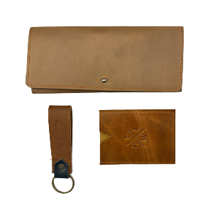 Brown leather wallet and keychain set on a white background
