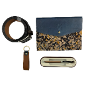 Set of leather items including a belt, pouch, keychain, and pen case on a white background