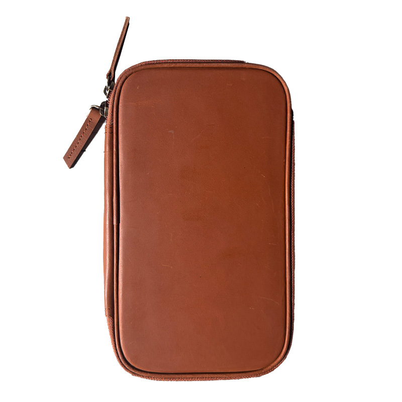 Brown leather zippered case on a white background