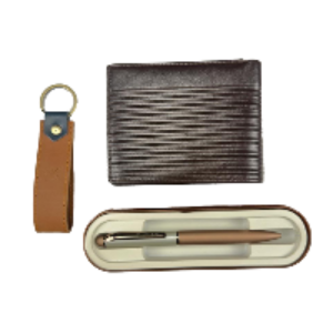 Set of leather items including a keychain, wallet, and pen on a white background