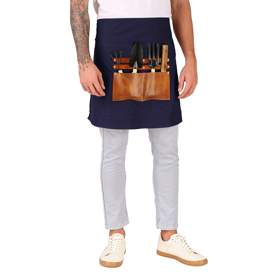 blue canvas pron with leather pocket