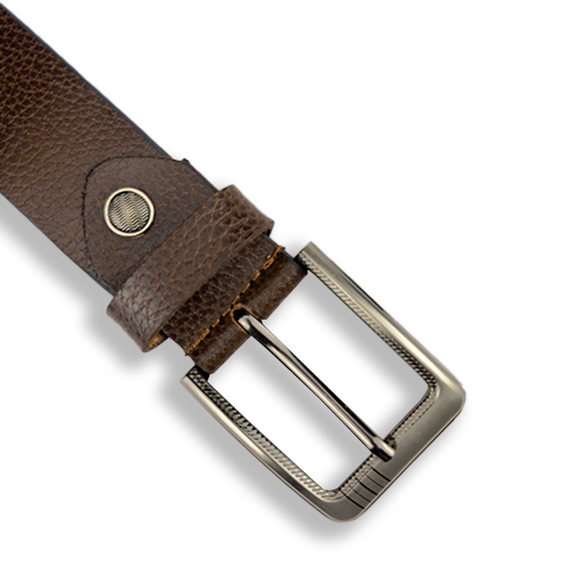 Brown leather belt with a brass buckle on a white background