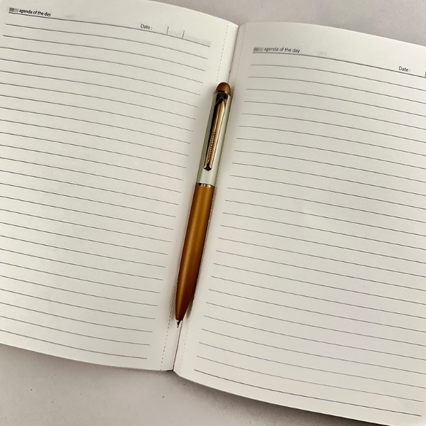 Open notebook with a pen on a light gray background