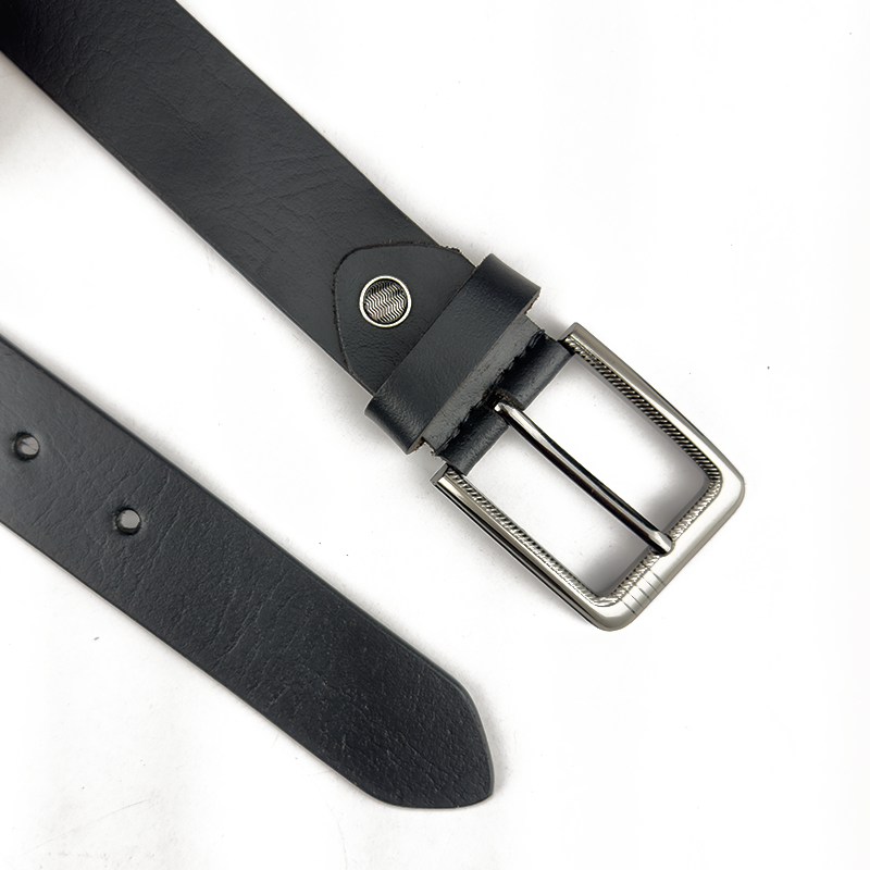 Black leather belt with a silver buckle on a white background