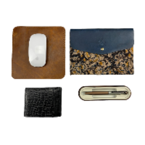 Collection of leather items including a mouse pad, clutch, wallet, and pen case on a white background.