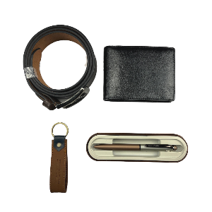 Set of leather items including a belt, wallet, keychain, and pen set on a white background