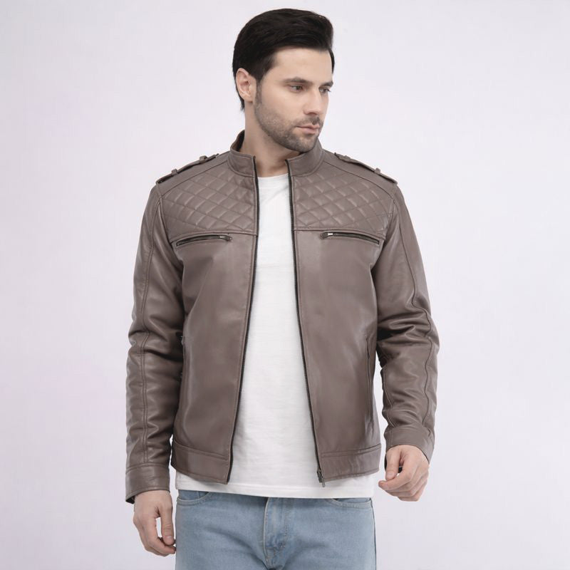 Man wearing a brown leather jacket on a white background