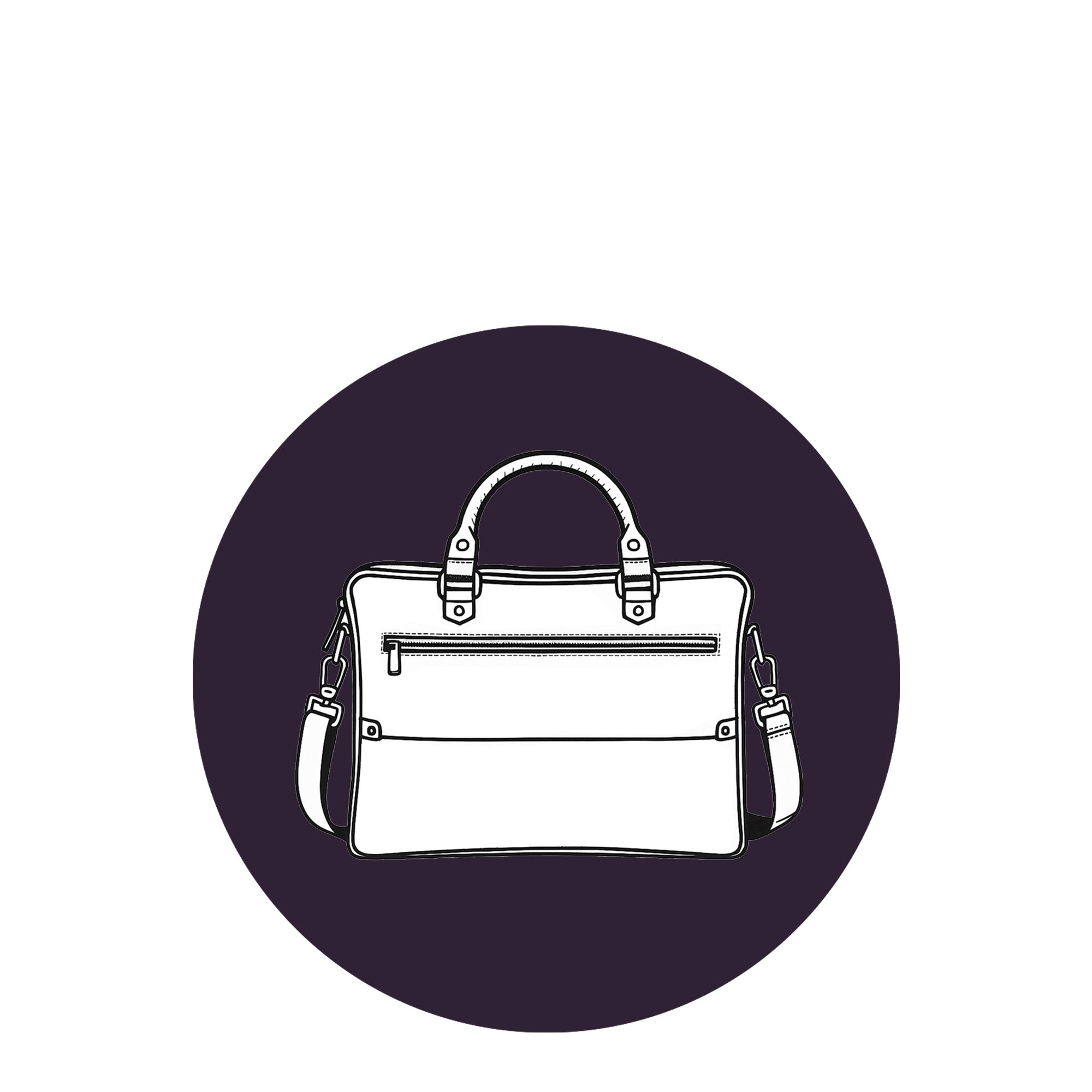 White handbag on a dark purple circle