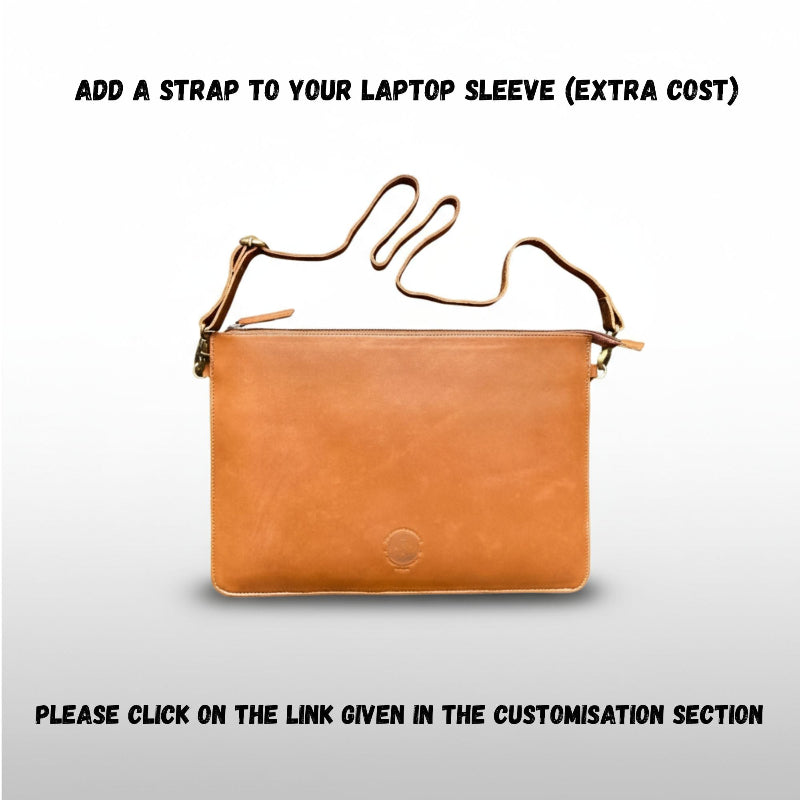 Brown leather laptop sleeve with an additional strap on a white background