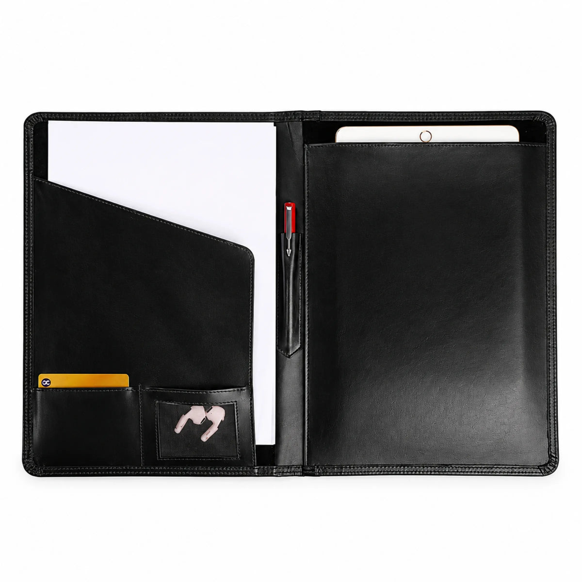 Four dark brown leather document pouches with zipper closures arranged diagonally on a wooden surface. The pouches feature an embossed circular 'OEM' logo with 'Custom Envelope Maker' underneath.