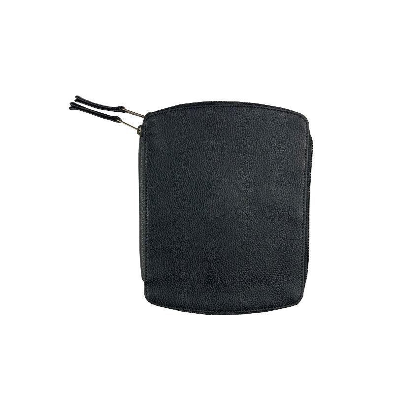 Black leather tool kit with a zipper on a white background