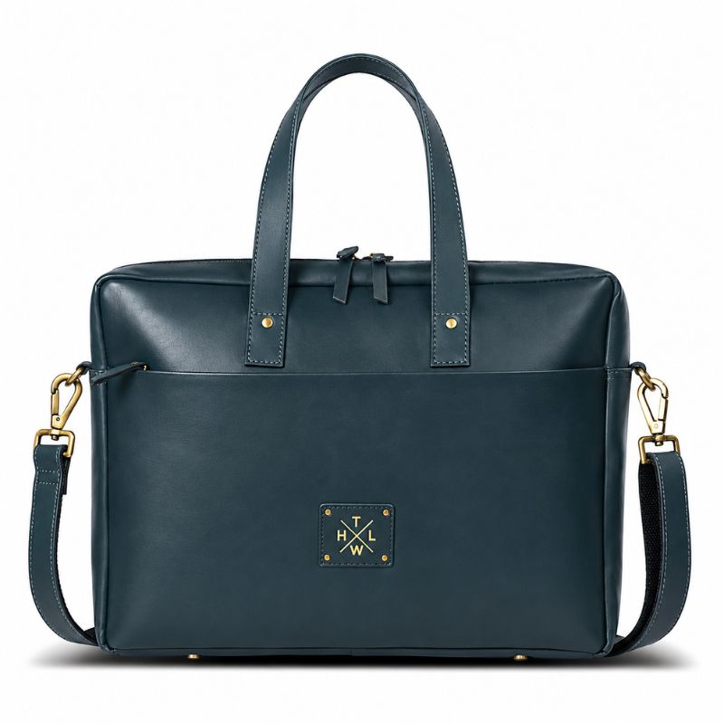 Blue leather laptop bag with gold accents on a white background
