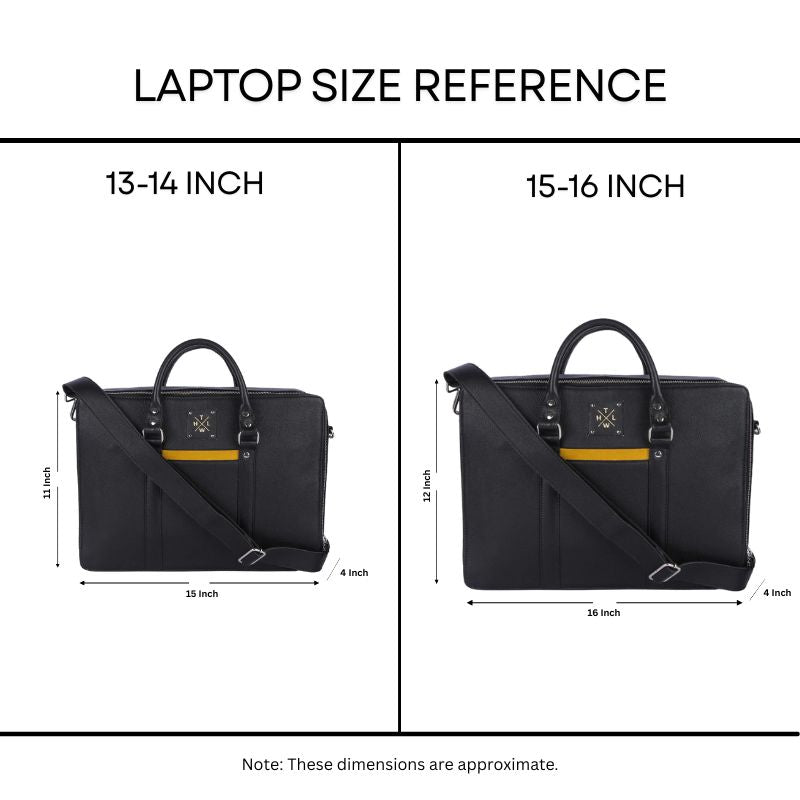 Laptop size reference chart showing 13-14 inch and 15-16 inch bags with dimensions.