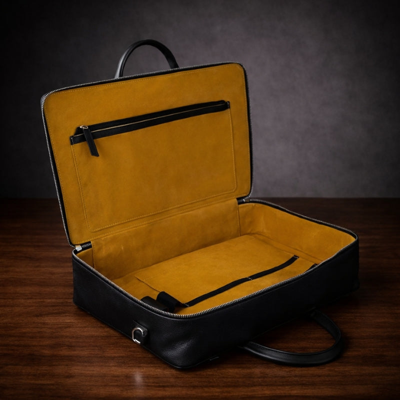 Black leather briefcase with mustard yellow interior on a wooden surface