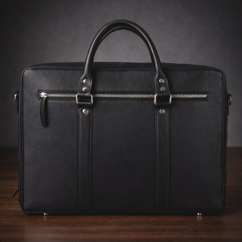 Black leather briefcase on a wooden surface with a dark background