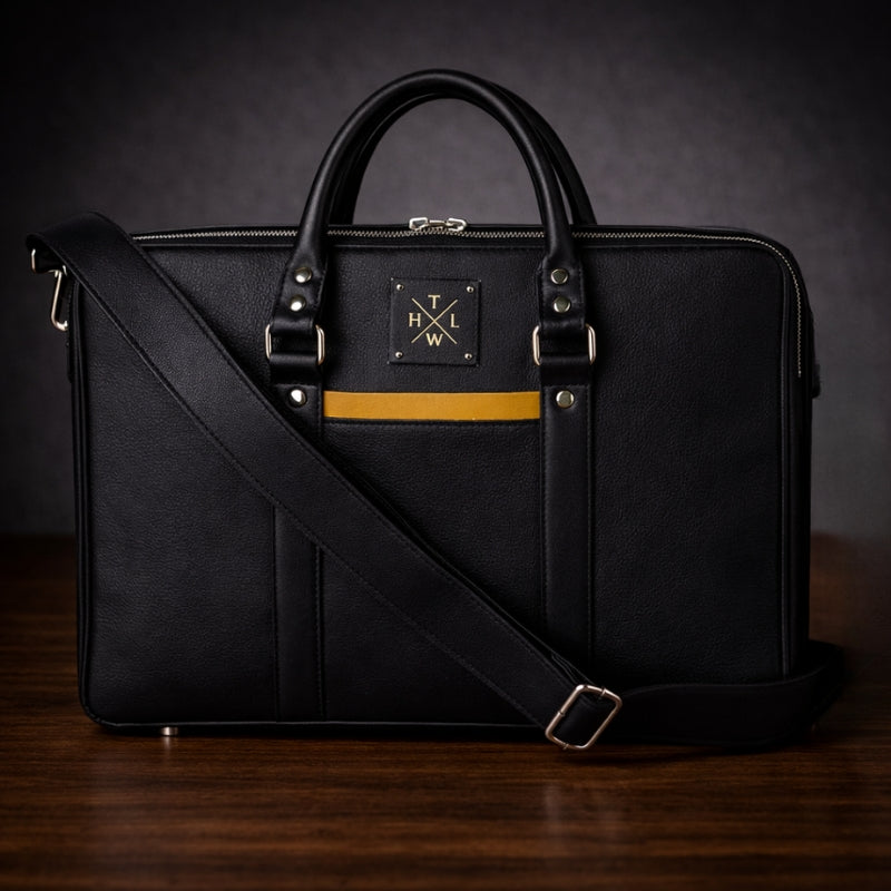 Black leather briefcase with gold accent on a wooden surface