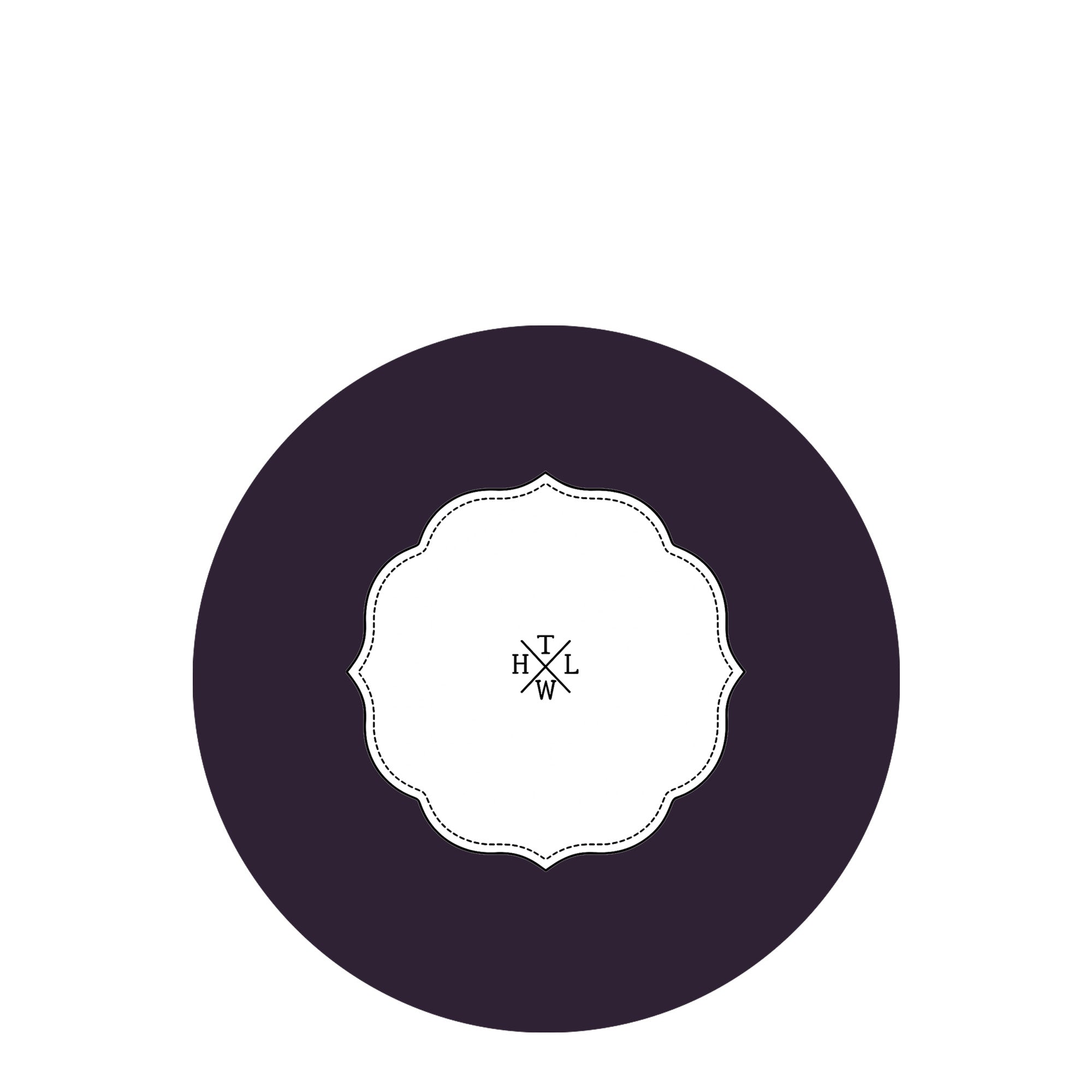 Black circle with a white emblem in the center on a white background