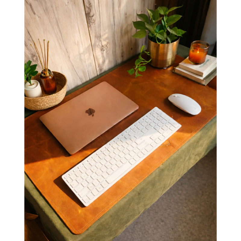 Laptop, keyboard, and mouse on a wooden desk with decorative items.