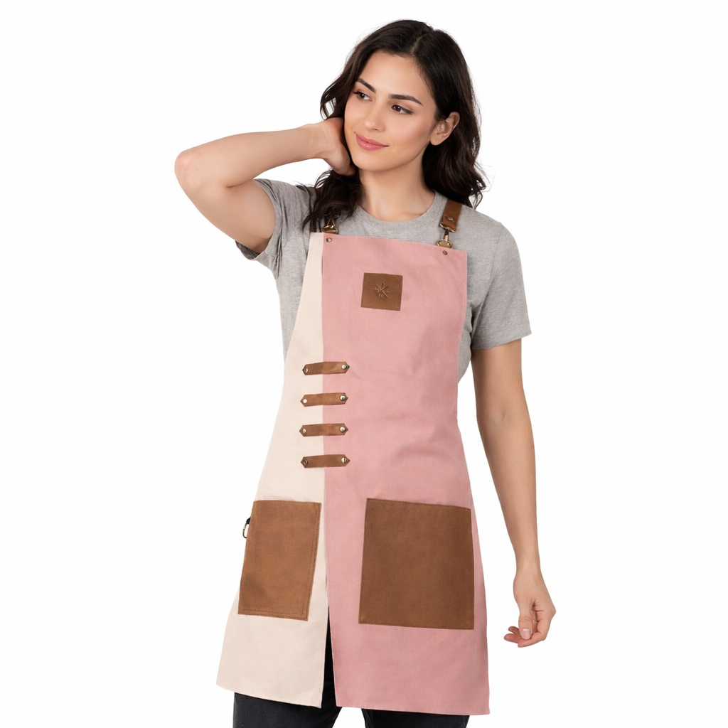 Woman wearing a pink apron with brown accents on a white background