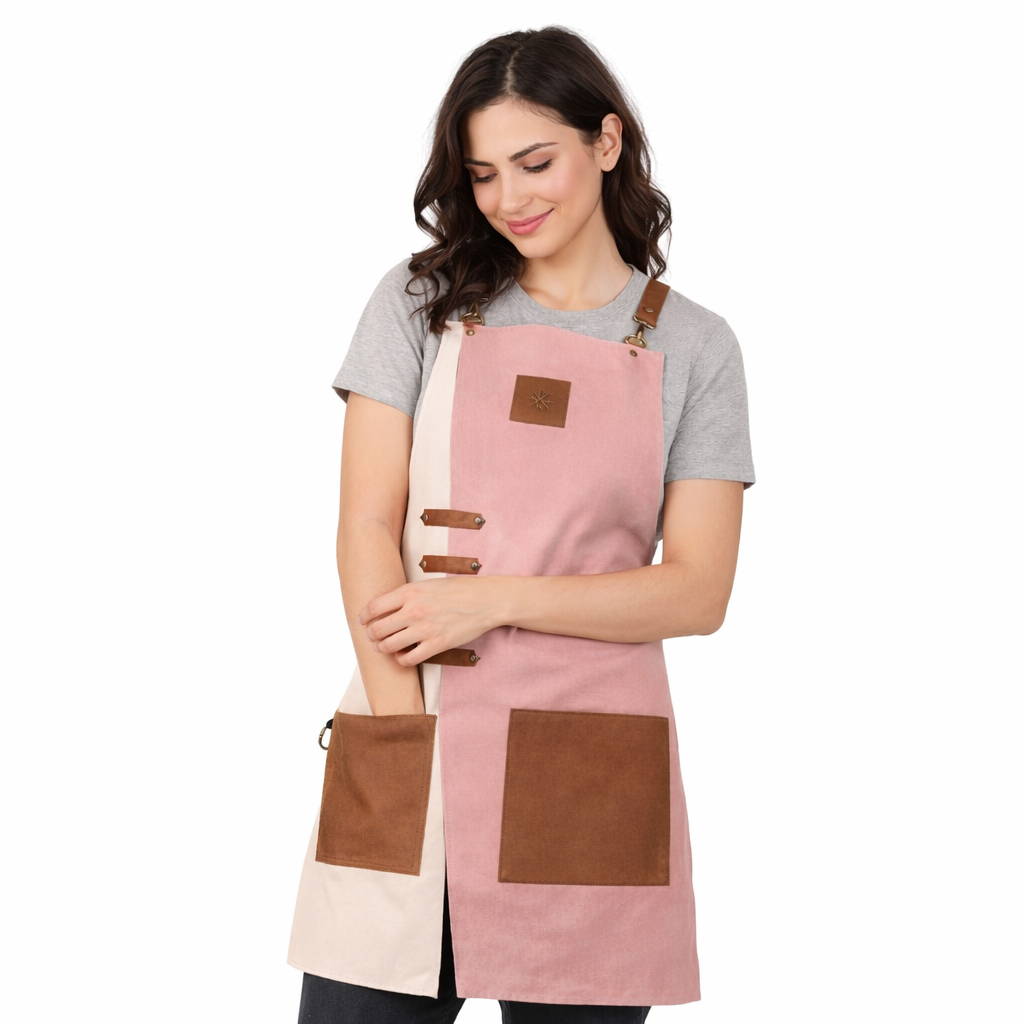 Woman wearing a pink apron with brown accents on a white background
