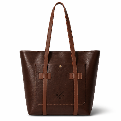 Brown leather tote bag with straps on a white background