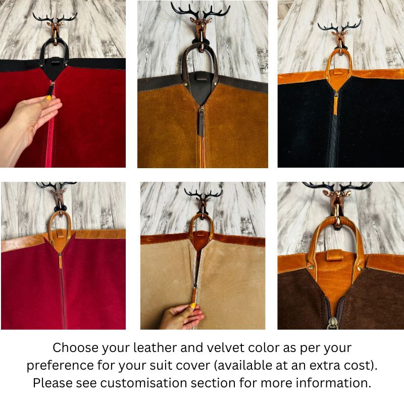 Collage of suit covers in various colors with a hand holding a handle.