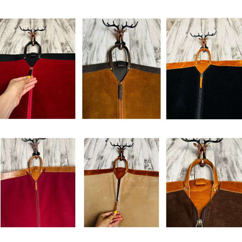 Collage of a deer head mount with a zippered bag on a wooden background