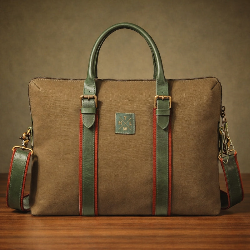 Brown canvas & leather bag with green straps on a wooden surface