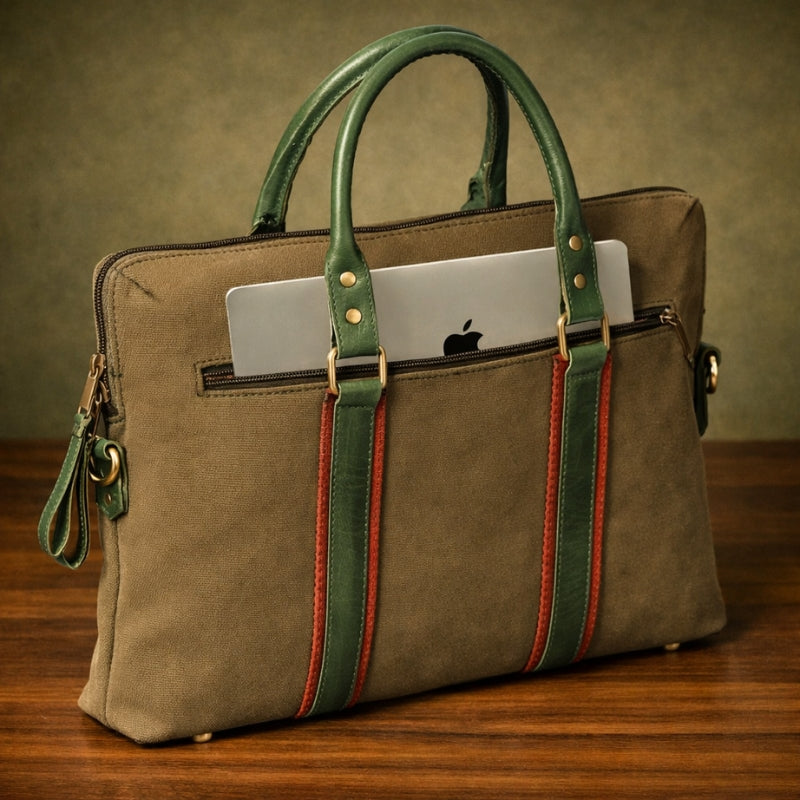 Brown canvas & leather bag with green straps on a wooden surface