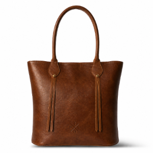 Brown leather tote bag with tassels on a white background