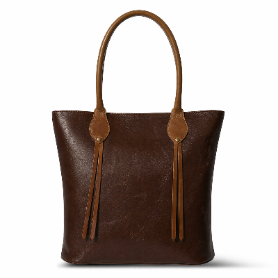 Brown leather tote bag with decorative straps on a white background