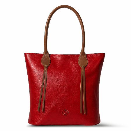 Red leather tote bag with brown handles and decorative elements on a white background