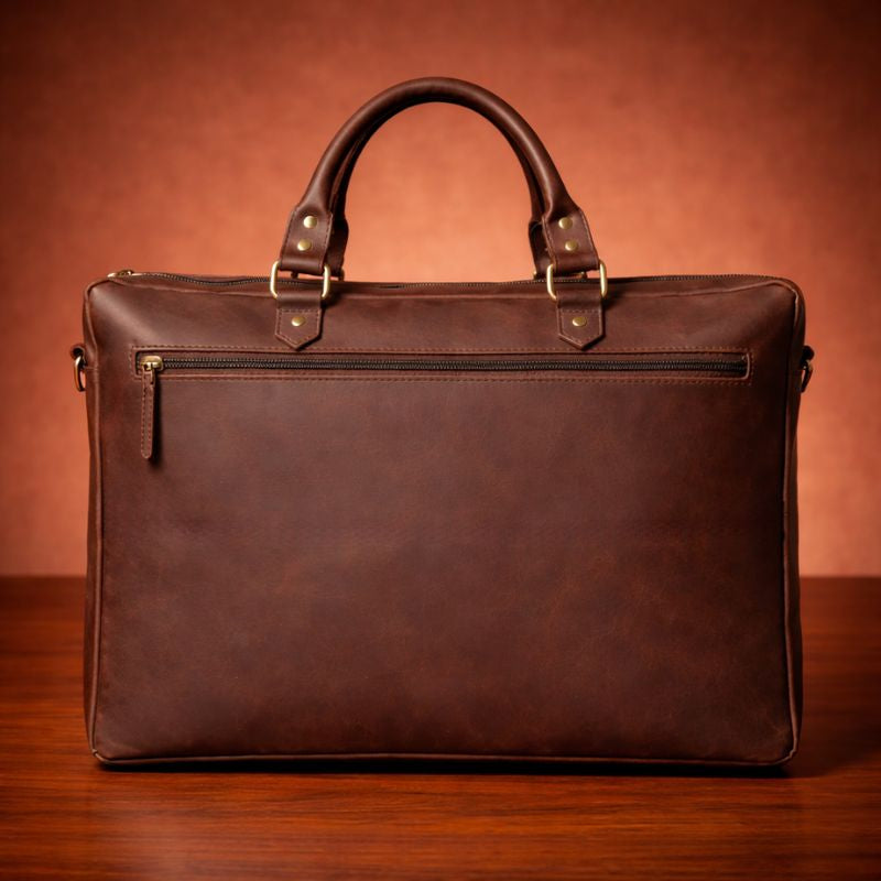 Brown leather briefcase on a wooden surface with a brown background
