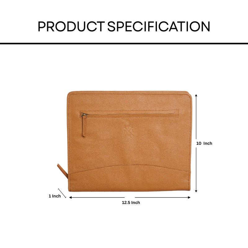 Brown leather file folder with dimensions on a white background