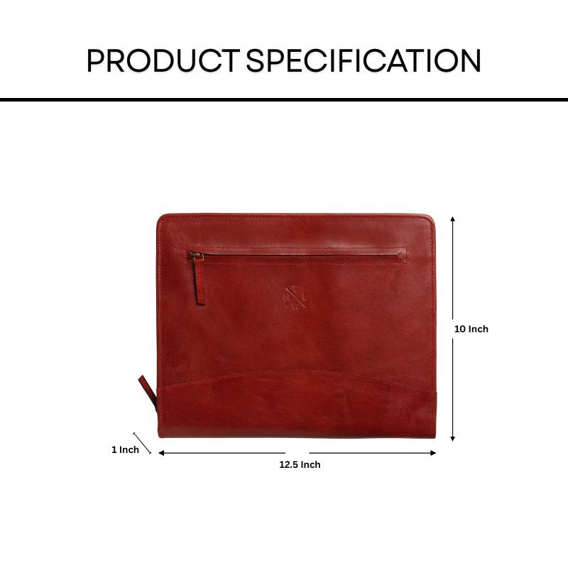 Red leather file folder with measurements on a white background
