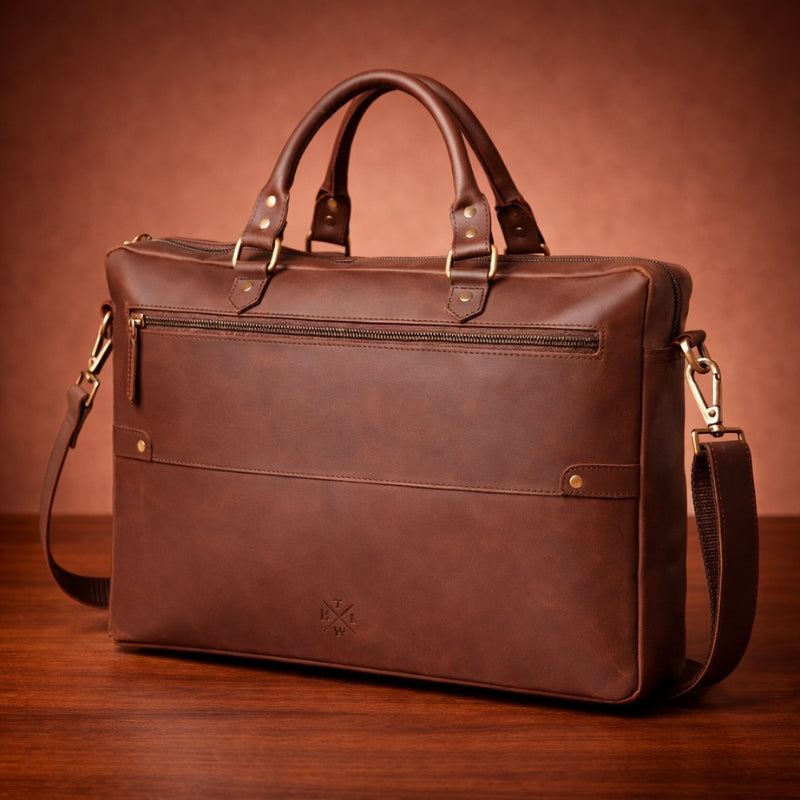 Brown leather briefcase on a wooden surface with a brown background