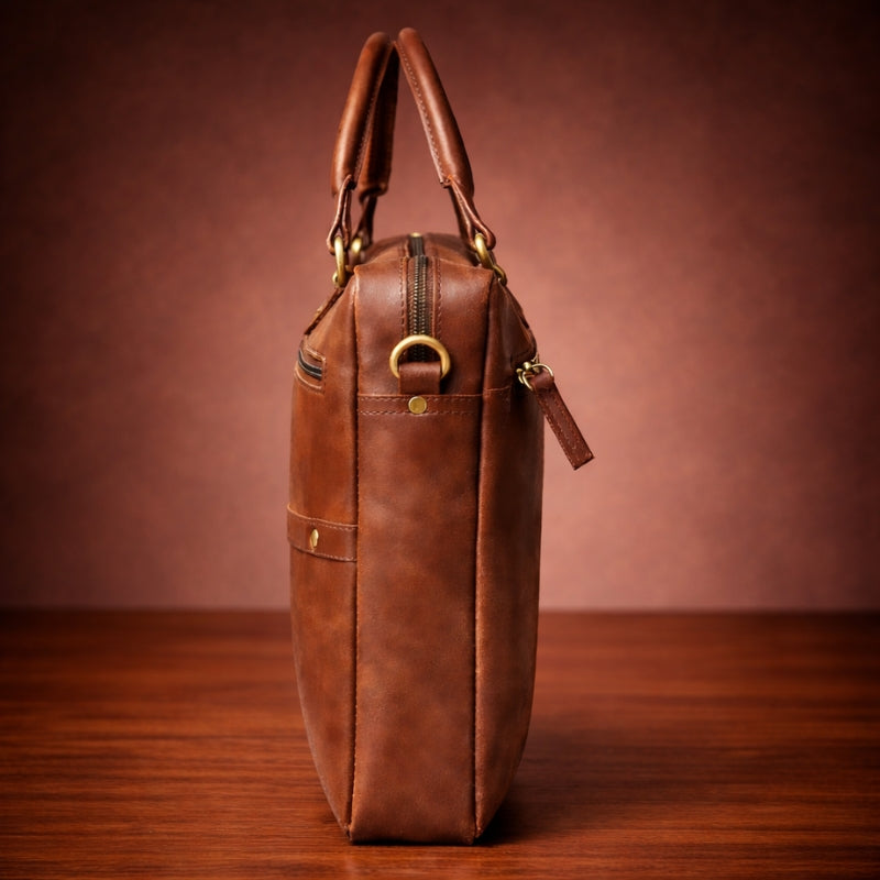 Brown leather bag on a wooden surface with a brown background