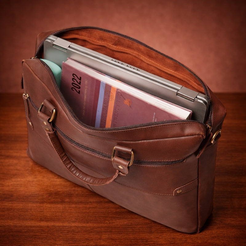 Brown leather briefcase with a laptop and books on a wooden surface