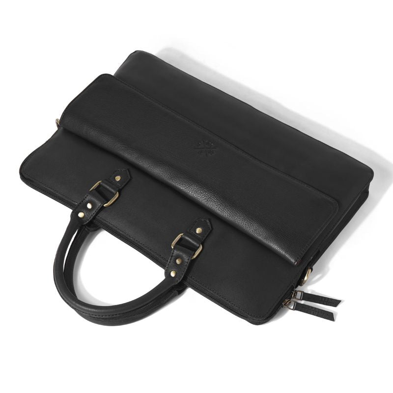 Black leather laptop bag and good hardware on a white background