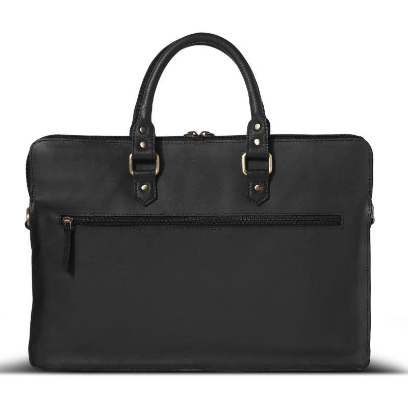 Black leather laptop bag with good hardware on a white background