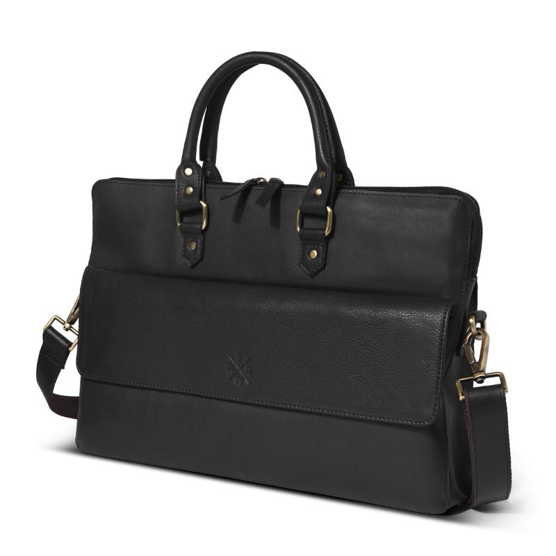 Black leather laptop bag with good hardware on a white background