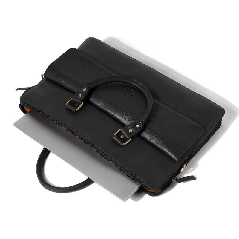 Black leather laptop bag with handle on a white background