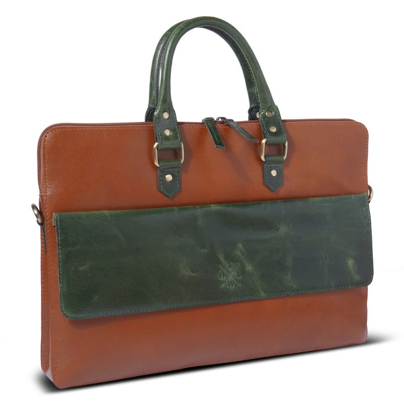 Brown and green leather laptop bag on a white background
