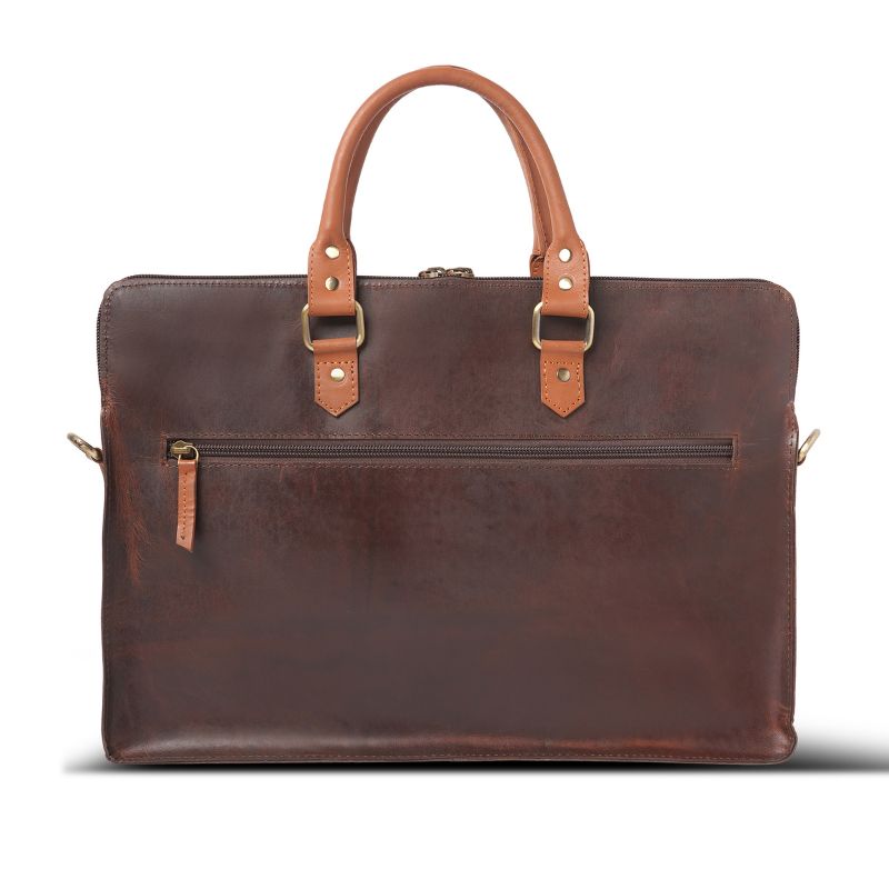 Brown leather laptop with gold accents on a white background